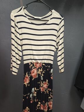 Striped & Floral Navy Maxi Dress - White/Navy
